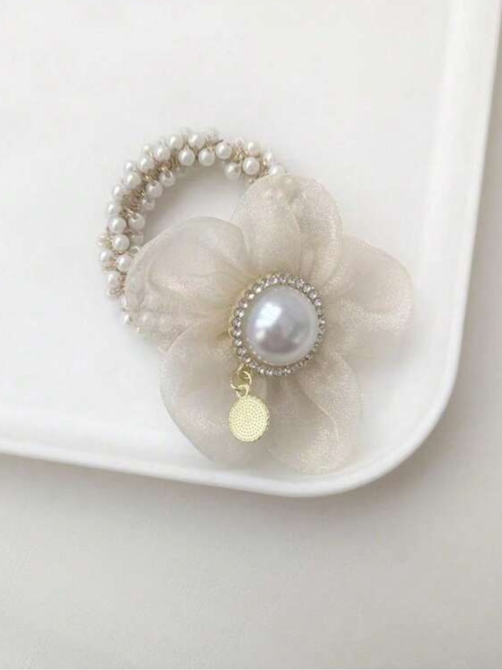 Pearl & Organza Flower hair accessories for ponytails- Cream Pearl Detail - Picture 3 of 4